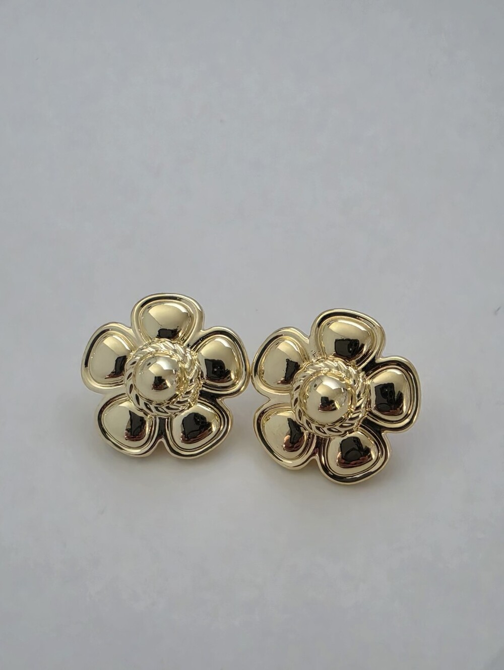 Gold Plated Flower Stud Earrings Floral Statement Shiny Chunky Trendy Gift